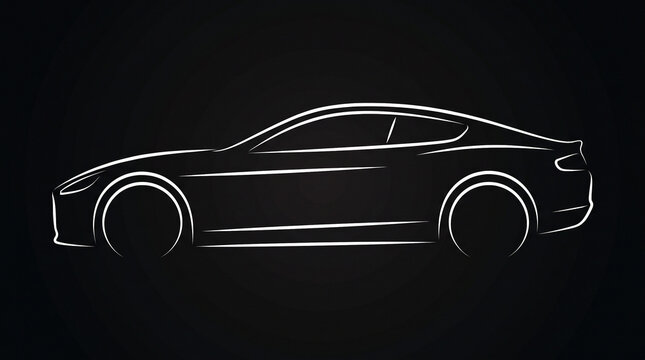 Elegant line art illustration of a luxury sports car, clean white outline on a dark background, side profile.