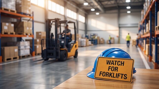 Industrial warehouse safety signage warning workers about moving forklift equipment in distribution facility logistics