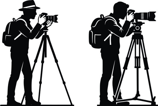 Two professional photographers with backpacks and cameras on tripods depicted in a black and white silhouette