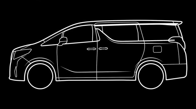 Minimalist outline drawing of modern luxury minivan vehicle isolated on black background for automotive design project.