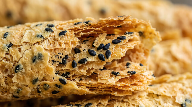 Macro Extreme Close-Up of Flaky Crispy Golden Egg Roll Biscuit Embedded with Black Sesame Seeds