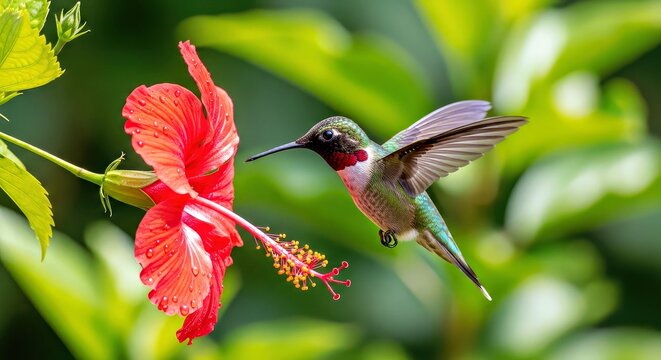 Ruby Throated Hummingbird Feeding on Bright Red Hibiscus in Lush Green Habitat