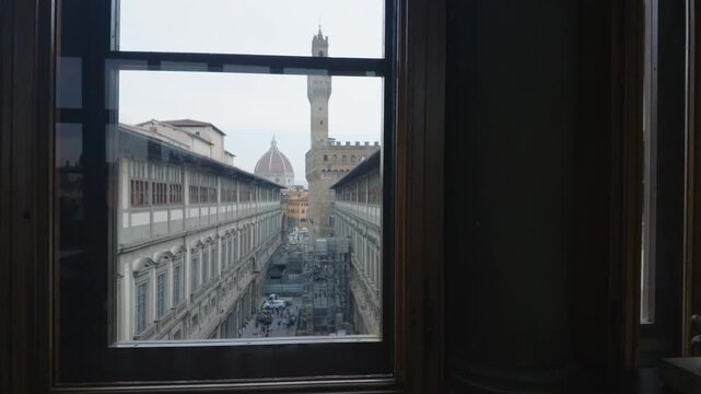 View of Palazzo Vecchio and Florence Cathedral Through Uffizi Gallery Window