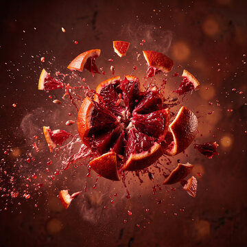 Blood orange exploding floating mid air background blurred 