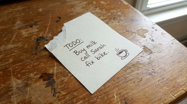 Handwritten todo list on a torn piece of paper with a coffee cup icon, resting on a rustic wooden table