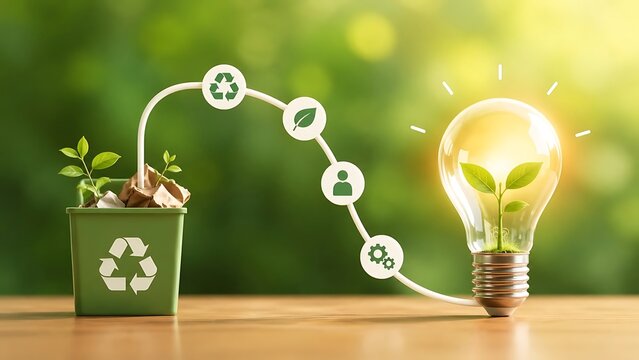 Glowing lightbulb with plant connected to green recycling bin symbolizing sustainable energy and ecological innovation