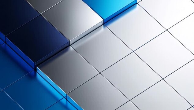 Seamless Looping Abstract Blue Silver Cube Pattern with Geometric Tile Background and Glossy 3D Blue Metallic Square Tile Abstract Pattern with Geometric Depth, Clean Texture, Modern Design