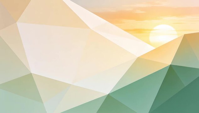 Low poly geometric landscape with sunrise, abstract mountain scene pastel green and gold tones, seamless polygon background, soft green and gold light, digital scene for SEO optimized abstract