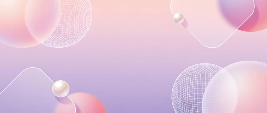 Looping seamless pastel abstract background with floating sphere, wireframe shape, sphere grid, soft pink and purple gradient, glowing geometric form, airy minimal design, bubble pattern