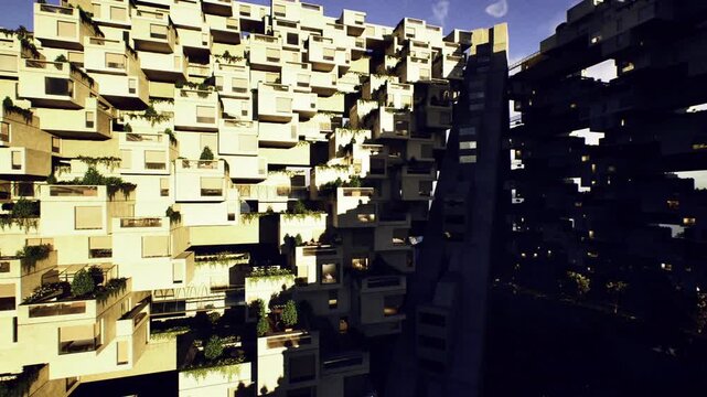 Sunlit terraced concrete housing in morning, warm golden light illuminates cascading balconies and potted greenery, narrow staircases connect intimate courtyard