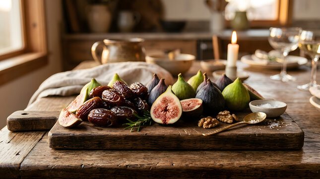 Fresh ripe figs and dried dates served on a wooden board with walnuts and candle light
