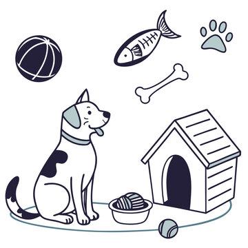 Cute dog sitting with toys and doghouse silhouette style