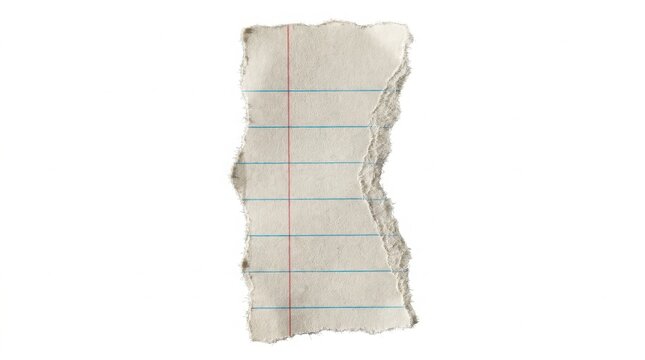 Torn piece of lined notebook paper with blue and red margins isolated on white background
