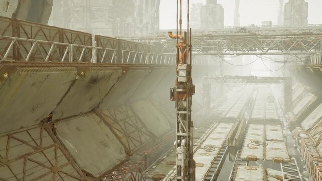 Vast rusted drydock interior bathed sunlight, long empty keel blocks and parallel maintenance tracks cutting through cavernous hull bay, overhead truss bridges