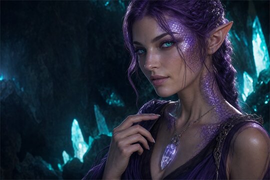 Elven Sorceress Portrait with Amethyst Scales and Crystal Magic