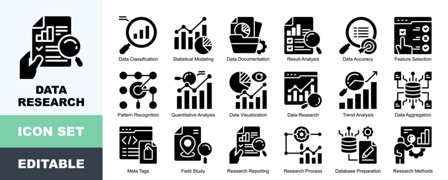 Data Research Icon Pack Featuring Data Classification, Statistical Modeling, Documentation, Result Analysis, Feature Selection, Pattern Recognition, Quantitative Analysis