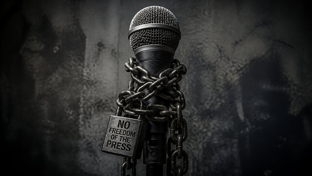 A microphone wrapped in heavy iron chains with a padlock labeled no freedom of the press on dark background.