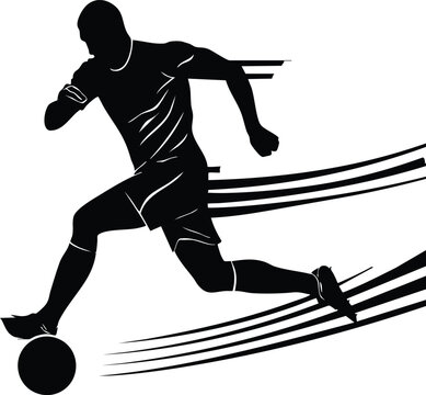 Soccer player dribbling ball fast motion graphic black silhouette with speed streaks.