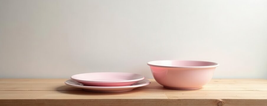 Pastel pink plates & springform pan on wooden table, white room, interior design, plates, background