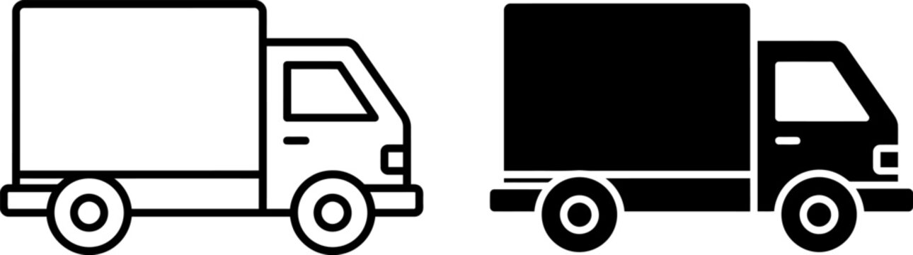 Simple black and white line art icons of small delivery trucks for logistics design