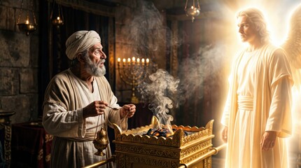Fototapeta premium Priest Zacharias meeting angel Gabriel in Jerusalem temple. Biblical scene with man holding incense burner and supernatural luminous divine being. Concept of faith, prophesy and light.
