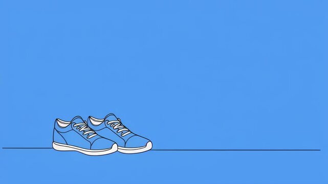 Animated blue sneakers walking across a bright blue background in a progressive sequence