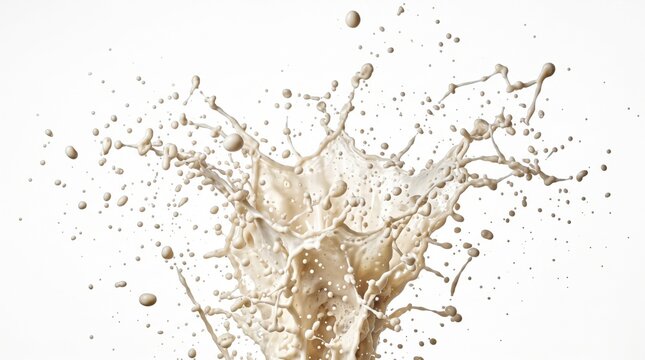 Dynamic splash of creamy beige liquid erupting upwards against a clean white background captured with bright studio lighting for a clean commercial aesthetic.