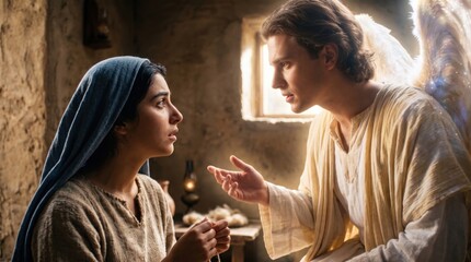 Fototapeta premium Angel Gabriel visits Mary in Nazareth to announce the birth of Jesus. Biblical scene of the Annunciation. Young woman and divine messenger in an ancient home. Historical religious art.