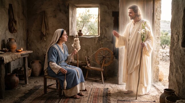 Angel Gabriel visits woman Mary in Nazareth. Divine annunciation scene in ancient home. Biblical story of biblical revelation and faith. Religious concept of miracle and divine message.