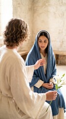 Fototapeta premium Biblical scene with angel Gabriel visiting young woman Mary in Nazareth. Angel holds white lily delivering message of Annunciation about birth of Jesus. Historical religious faith.