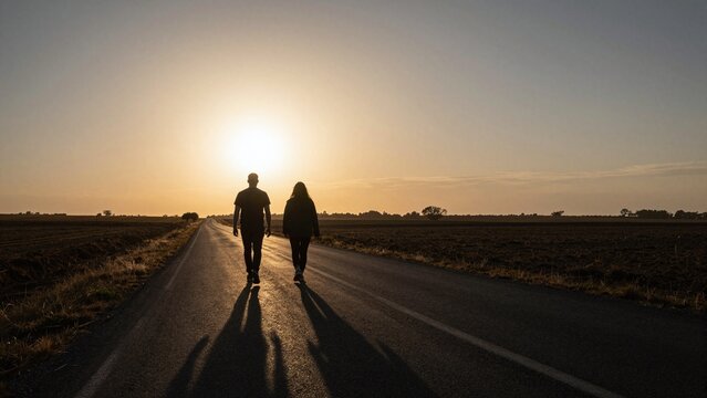 Two travelers joined by third at sunset road