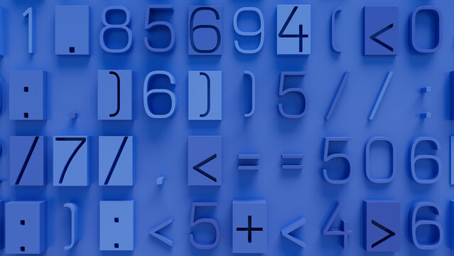 Close-Up of Realistic 3D Geometric Shapes Resembling Mathematical Symbols and Numbers in Shades of Blue and Gray on Light Blue Background, Ideal for Educational and Digital Design Projects