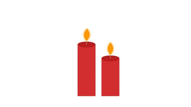 Two red candles burning on white background. Animated flame loop for holiday celebration.