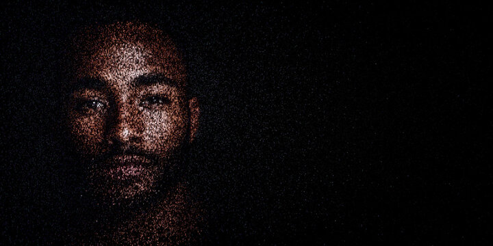 Digital ID Portrait of Man with Face made up of Code. Digital certificates Concept with copy-space.