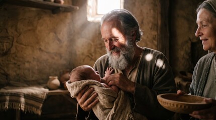 Obraz premium Elderly man Zacharias holds a newborn baby John in an ancient stone house while an elderly woman Elizabeth watches. Biblical scene representing the birth of John the Baptist. Religion.