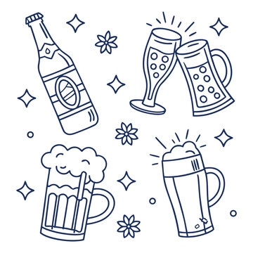 Cheers with beer bottles and mugs celebration illustration