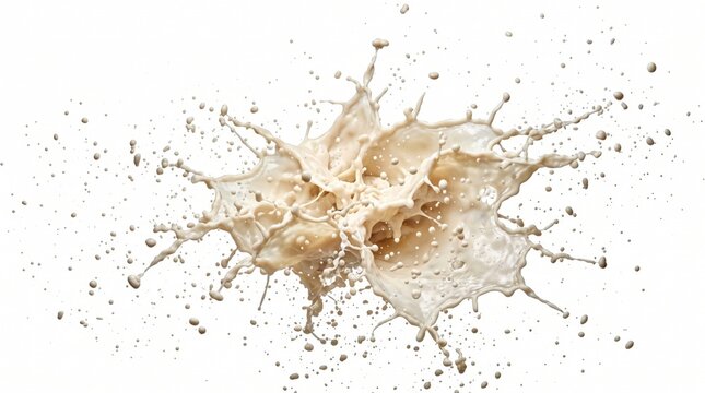 Dynamic splash of creamy coffee milk captured midair with flying drops against a clean white background brightly lit in a modern minimalist style.