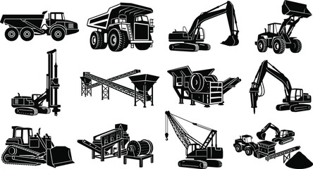 Heavy construction machinery mining site equipment and industrial earthmoving vehicles silhouette glyph icons vector illustration set. © MdRubel