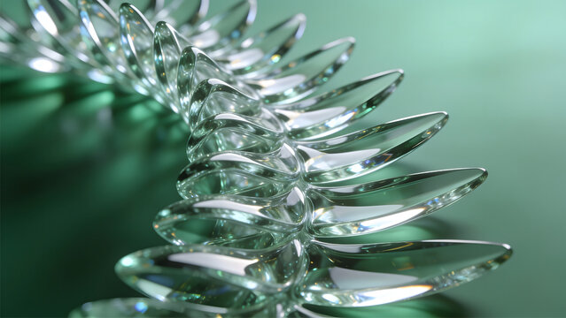 Macro view of a sculptural spine made of hundreds of overlapping transparent glass fins