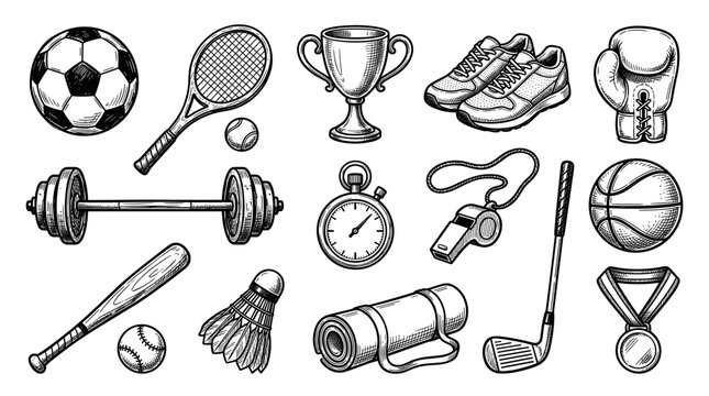 Sport elements doodle set, hand drawn athlete equipment, black ink sketch vector illustration, isolated fitness icons