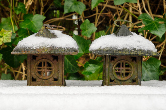 Two weathered Japanese temple style lanterns made of rusted metal and covered in snow in a winter garden against a backdrop of green ivy
