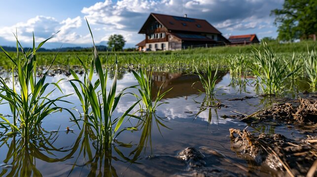 &Uuml;berflutetes Feld mit jungen Maispflanzen bei einem Schweizer Bauernhof