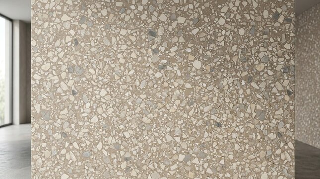 Modern Interior Wall Featuring Beige Terrazzo Stone Texture.