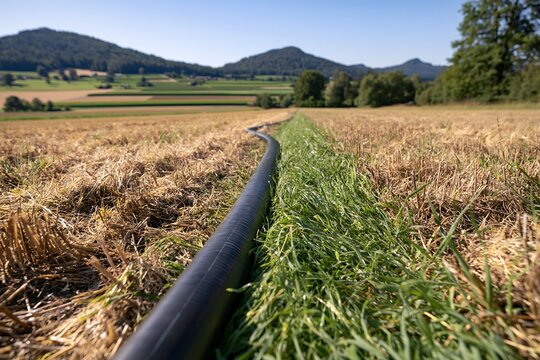 Bew&auml;sserungsleitung zwischen trockenem Stoppelfeld und gr&uuml;ner Ackerfl&auml;che