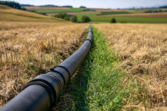 Mobile Bew&auml;sserungsleitung zwischen trockenen Feldern in der Landwirtschaft