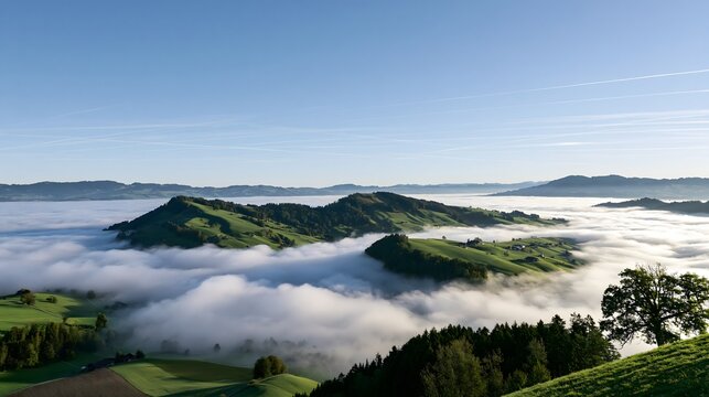 Gr&uuml;ne Schweizer H&uuml;gel ragen am Morgen aus einem dichten Nebelmeer