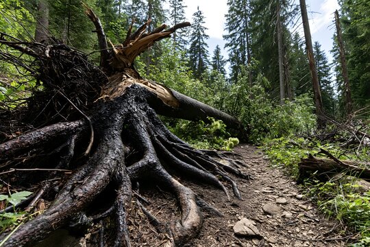 Entwurzelter Baum mit freigelegten Wurzeln an einem Waldweg