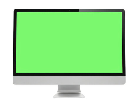 Modern computer monitor with green screen. Desktop PC display with chroma key background.