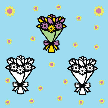 A vector illustration of flower bouquets featuring a colorful bouquet and black-and-white outline versions on a blue background with small floral elements.