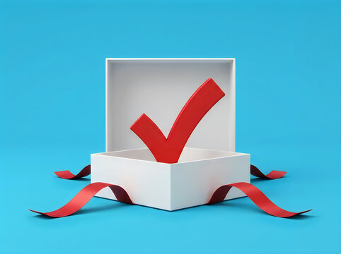 Open gift box with red check mark. Success concept with a tick symbol inside a present.